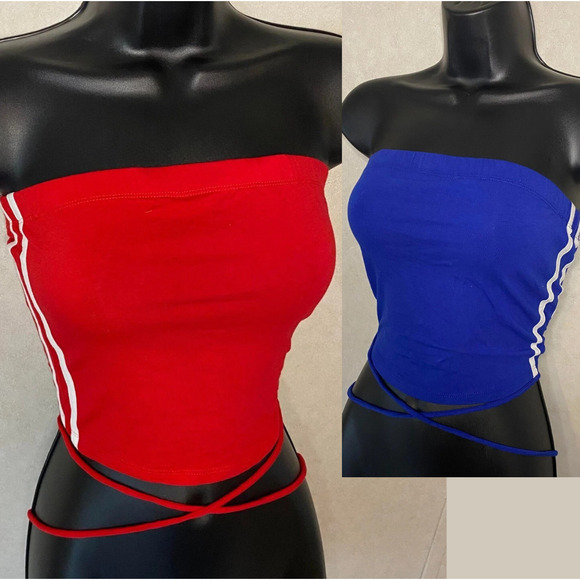 Active Tops - 2x Active USA Knit Crop Tank Top Tube Crop Top Criss Cross Back Strappy blue red